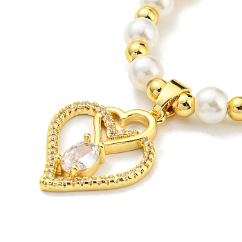 Vacuum Plating Cubic Zirconia and Rhinestone Heart Pendant Necklace, with Plasit Pearl Beaded Chains, 201 Stainless Steel Necklace, Golden, 18-3/4 inch(47.5cm)