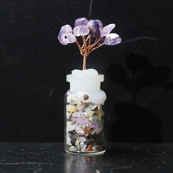 Natural Amethyst Chip Display Decorations, Fortune Tree Wishing Bottle, for Home Feng Shui Ornament, 20x70mm