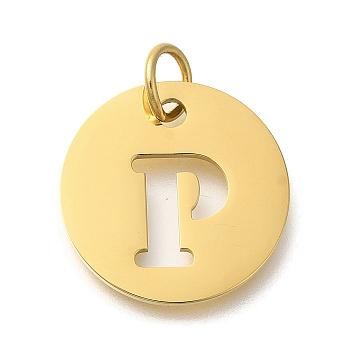 Ion Plating(IP) 304 Stainless Steel Pendants, with Jump Ring, Laser Cut, Flat Round with Letter Charm, Real 18K Gold Plated, Letter P, 20x1mm, Hole: 4.5mm