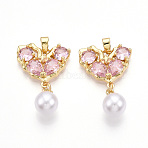 Brass Micro Pave Cubic Zirconia & ABS Imitation Pearl Pendants, Cadmium Free & Lead Free, Butterfly Charms, Pearl Pink, 29~29.5x18~18.5x5~5.5mm, Hole: 2~2.5x5mm(KK-T070-66B)