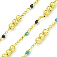 Brass Enamel Round Beaded Link Chain, Soldered, with Spool, Long-Lasting Plated, Cadmium Free & Lead Free, Real 18K Gold Plated, Dark Turquoise, 12x3.5mm(CHC-G022-07G-09)