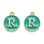 Golden Plated Alloy Enamel Charms, Enamelled Sequins, Flat Round with Alphabet, Letter.R, Green, 14x12x2mm, Hole: 1.5mm(X-ENAM-Q437-15R)