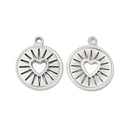 304 Stainless Steel Pendants, Flat Round with Hollow Out Heart Charms, Stainless Steel Color, 18x14.5x1.5mm, Hole: 1.5mm(STAS-L268-013P)