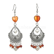 Dyed Natural Red Agate Heart Chandelier Earrings, Alloy Teardrop Earrings with 304 Stainless Steel Pins, 80x26mm(EJEW-JE05364-04)