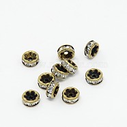 Brass Rhinestone Spacer Beads, Grade AAA, Straight Flange, Nickel Free, Antique Bronze Metal Color, Rondelle, Crystal, 8x3.8mm, Hole: 1.5mm(X-RB-A014-Z8mm-01AB-NF)