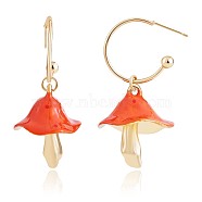 Enamel Mushroom Dangle Stud Earrings, Gold Plated Alloy  Half Hoop Earrings for Women, Orange, 47x24.5mm, Pin: 0.7mm(JE987C)