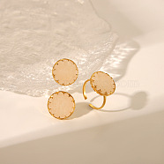 Flat Round Natural Rose Quartz Cuff Ring & Stud Earrings Sets, Stainless Steel Jewelry Sets, Golden(MO9107-1)