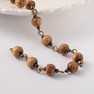 Round Handmade Wood Beaded Chains, Unwelded, with Brass Findings, Antique Bronze, Camel, 7mm, about 60pcs/strand, 39.3 inch(AJEW-JB00180)