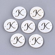 Natural Freshwater Shell Links Connectors, Flat Round with Letter, Letter.K, 14.5x1.5mm, Hole: 0.9mm(SHEL-S276-120K)