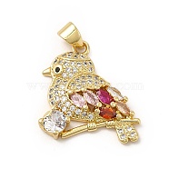 Rack Plating Brass Micro Pave Cubic Zirconia Pendants, Cadmium Free & Lead Free, Real 18K Gold Plated, Bird with Branch Charm, Colorful, 23x19.5x5mm, Hole: 5x3.5mm(KK-E072-06G)