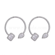 Brass Micro Pave Clear Cubic Zirconia Stud Earrings, Half Hoop Earrings, with Plastic Ear Nut, Long-Lasting Plated, Rectangle and Teardrop, Real Platinum Plated, 31.5x27mm, Pin: 0.8mm(EJEW-K083-14P)