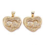 Brass Micro Pave Clear Cubic Zirconia Beads Pendant, Long-Lasting Plated, Heart, Real 18K Gold Plated, 19.5x20.5x3mm, Hole: 3.4x5mm(ZIRC-M114-15G)