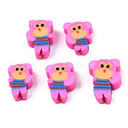 Handmade Polymer Clay Beads, Monkey, Hot Pink, 10~13x8~10x4~5mm, Hole: 1.8mm(CLAY-N007-017D)