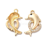 Rack Plating Alloy Rhinestone Pendants, Dolphin with Heart Charms, Golden, 24x15x3mm, Hole: 2mm(RB-L036-VF920-2)