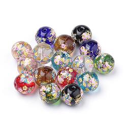 Printed Glass Beads, Round with Flower Pattern, Mixed Color, 11~12x11mm, Hole: 1.5mm(GFB-Q001-12mm-D)