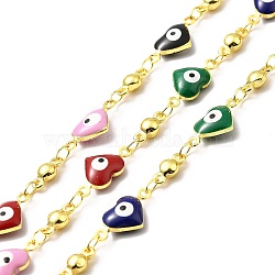 Handmade Eco-friendly Brass Enamel Heart with Evil Eye Link Chain, Real 18K Gold Plated, Lead Free & Cadmium Free, Soldered, with Spool, Colorful, 14.5x7x4mm(CHC-I045-07G)