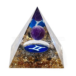 Orgonite Pyramid Resin Energy Generators, Reiki Natural Amethyst Beads Inside for Home Office Desk Decoration, Gemini, 59.5x59.5x59.5mm(DJEW-D013-05H)