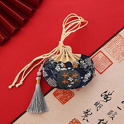 Flower Silks & Satins Drawstring Bags, Sachet Tassel Pouches for Jewelry Storage, Prussian Blue, 10x8.5cm(PW-WG33893-06)