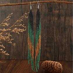 Bohemian Style Tassel Dangle Earrings, with Geometric Glass Beads Handmade, Platinum, Green, 110x11mm(BA7558-1)