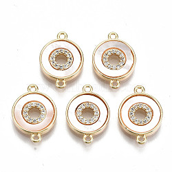Brass Micro Pave Clear Cubic Zirconia Links Connectors, with White Sea Shell, Nickel Free, Flat Round, Real 18K Gold Plated, 15.5x11x2mm, Hole: 1.2mm(KK-S354-266-NF)