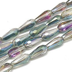 Electroplate Glass Beads Strands, Faceted Teardrop, Green, 9~9.5x4mm, Hole: 1mm, about 72pcs/strand, 25.98 inch(EGLA-Q099-C04)