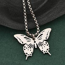 201 Stainless Steel Laser Cut Butterfly Pendant Box Chain Necklaces for Women, Stainless Steel Color, 23.62 inch(60cm)(NJEW-Q004-03P)