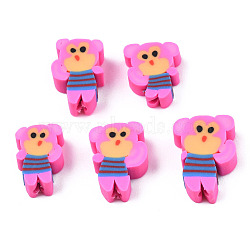Handmade Polymer Clay Beads, Monkey, Hot Pink, 10~13x8~10x4~5mm, Hole: 1.8mm(CLAY-N007-017D)