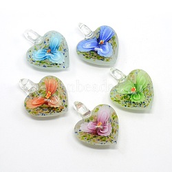 Heart Handmade Lampwork Pendants, with Gold Sand and Inner Flower, Mixed Color, 40x32x16mm, Hole: 7mm(X-LAMP-L028-07)