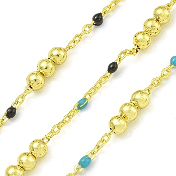 Brass Enamel Round Beaded Link Chain, Soldered, with Spool, Long-Lasting Plated, Cadmium Free & Lead Free, Real 18K Gold Plated, Dark Turquoise, 12x3.5mm