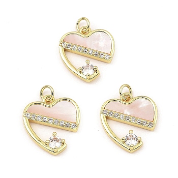 Rack Plating Real 18K Gold Plated Brass Pendants, with Cubic Zirconia and Shell, Long-Lasting Plated, Lead Free & Cadmium Free, Heart, Misty Rose, 18x17x4mm, Hole: 3mm