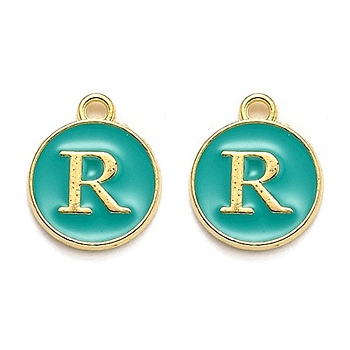 Golden Plated Alloy Enamel Charms, Enamelled Sequins, Flat Round with Alphabet, Letter.R, Green, 14x12x2mm, Hole: 1.5mm