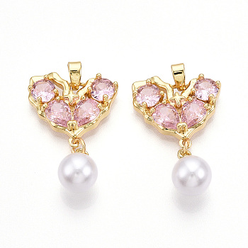 Brass Micro Pave Cubic Zirconia & ABS Imitation Pearl Pendants, Cadmium Free & Lead Free, Butterfly Charms, Pearl Pink, 29~29.5x18~18.5x5~5.5mm, Hole: 2~2.5x5mm