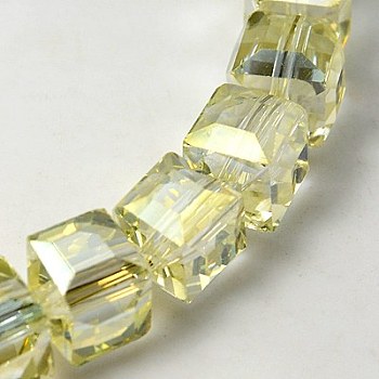 Electorplated Glass Beads, Rainbow Plated, Faceted, Cube, Champagne Yellow, 9x9x9mm, Hole: 1mm