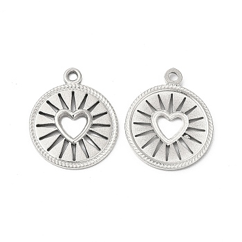 304 Stainless Steel Pendants, Flat Round with Hollow Out Heart Charms, Stainless Steel Color, 18x14.5x1.5mm, Hole: 1.5mm
