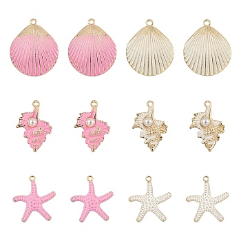 24Pcs 6 Style Spray Painted Alloy Pendants, Scallop & Conch & Starfish/Sea Stars, Mixed Color, 29~35x22~29.5x3~5mm, Hole: 2mm, 4pcs/style