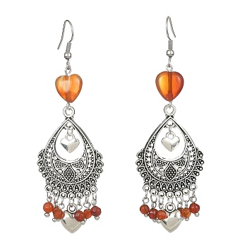 Dyed Natural Red Agate Heart Chandelier Earrings, Alloy Teardrop Earrings with 304 Stainless Steel Pins, 80x26mm