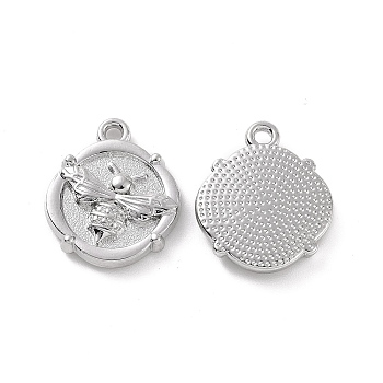 Alloy Pendants, Flat Round with Bee Charm, Platinum, 17.5x16x3.5mm, Hole: 1.5mm