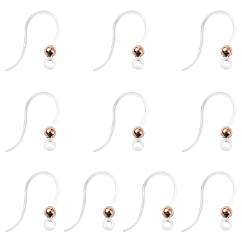 10Pcs Transparent Resin Earring Hooks, with 316 Stainless Steel Round Beads and Horizontal Loop, Rose Gold, 15~16x12x3mm, Hole: 1.2mm, 21 Gauge, Pin: 0.7~0.8mm