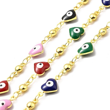 Handmade Eco-friendly Brass Enamel Heart with Evil Eye Link Chain, Real 18K Gold Plated, Lead Free & Cadmium Free, Soldered, with Spool, Colorful, 14.5x7x4mm