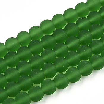 Transparent Glass Beads Strands, Frosted, Round, Green, 4~4.5mm, Hole: 0.8mm, about 97~99pcs/strand, 14.76 inch~14.96 inch(37.5~38cm)