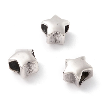 304 Stainless Steel European Beads, Large Hole Beads, Manual Polishing, Star, Antique Silver, 10x11x8mm, Hole: 4.5mm