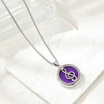 316 Surgical Stainless Steel Aromatherapy Diffuser Perfume Hollow Flat Round Pendant Box Chain Necklaces, Stainless Steel Color, Musical Note, 27.95 inch(71cm)