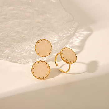 Flat Round Natural Rose Quartz Cuff Ring & Stud Earrings Sets, Stainless Steel Jewelry Sets, Golden