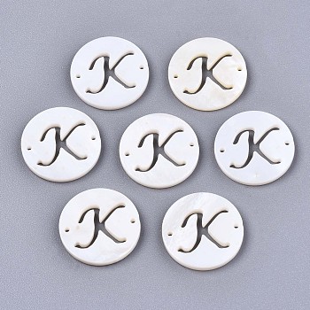 Natural Freshwater Shell Links Connectors, Flat Round with Letter, Letter.K, 14.5x1.5mm, Hole: 0.9mm