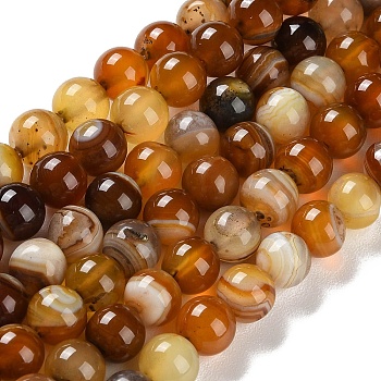 Natural Striped Agate/Banded Agate Beads Strands, Dyed, Round, Sandy Brown, 8mm, Hole: 1.2mm, about 24pcs/strand, 7.48''(19cm)