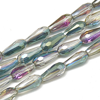 Electroplate Glass Beads Strands, Faceted Teardrop, Green, 9~9.5x4mm, Hole: 1mm, about 72pcs/strand, 25.98 inch