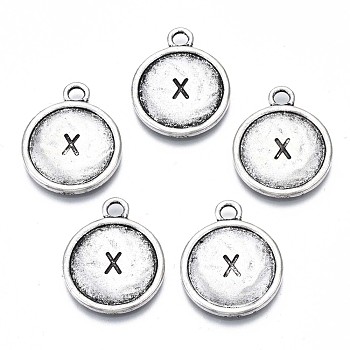 Tibetan Style Alloy Pendants, Cadmium Free & Lead Free, Flat Round with Initial Letter X, Antique Silver, 22x18x2mm, Hole: 2.5mm