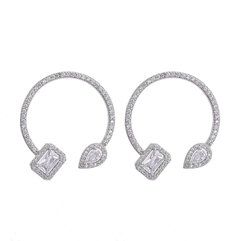 Brass Micro Pave Clear Cubic Zirconia Stud Earrings, Half Hoop Earrings, with Plastic Ear Nut, Long-Lasting Plated, Rectangle and Teardrop, Real Platinum Plated, 31.5x27mm, Pin: 0.8mm