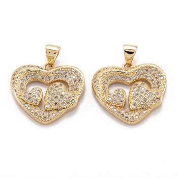Brass Micro Pave Clear Cubic Zirconia Beads Pendant, Long-Lasting Plated, Heart, Real 18K Gold Plated, 19.5x20.5x3mm, Hole: 3.4x5mm