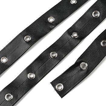Flat Imitation Leather Cords, with Platinum Tone Brass Eyelets, Garment Accessories, Black, 20x2mm, about 6.5~7m/pc